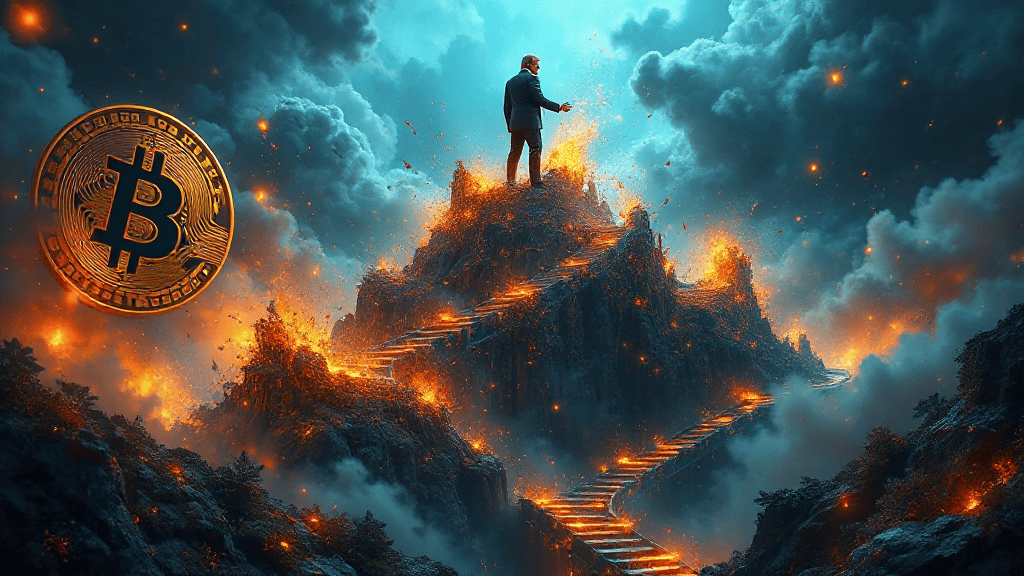 A person stands on a fiery, mountainous path amidst clouds, with a large Bitcoin symbol in the foreground.
