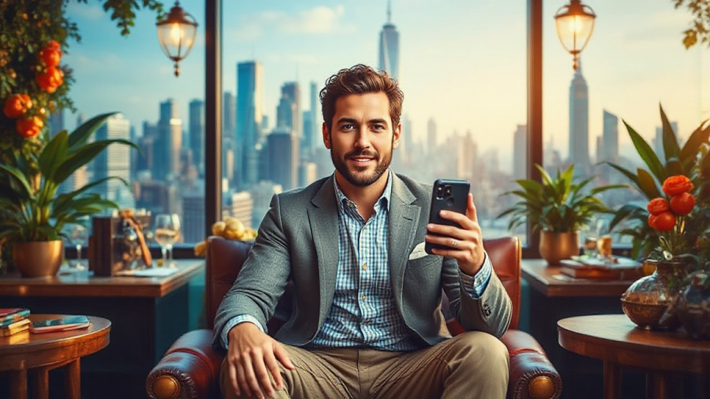 A man in a gray jacket and checkered shirt is sitting in a lounge, holding a smartphone. The background shows a city skyline with tall buildings.