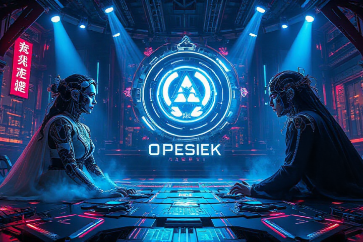 Two futuristic characters face each other in a neon-lit room, surrounded by glowing symbols and digital displays, with "OPESIEK" centrally displayed behind them.