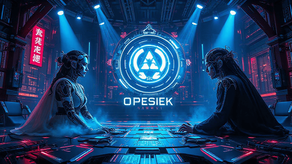 Two futuristic characters face each other in a neon-lit room, surrounded by glowing symbols and digital displays, with "OPESIEK" centrally displayed behind them.