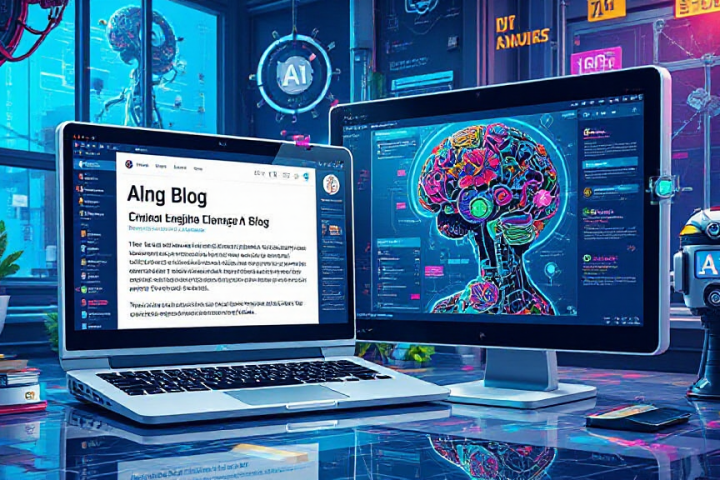 Two computer screens on a colorful desk; the left shows a blog, and the right displays a digital brain illustration. The room has tech-themed decorations.
