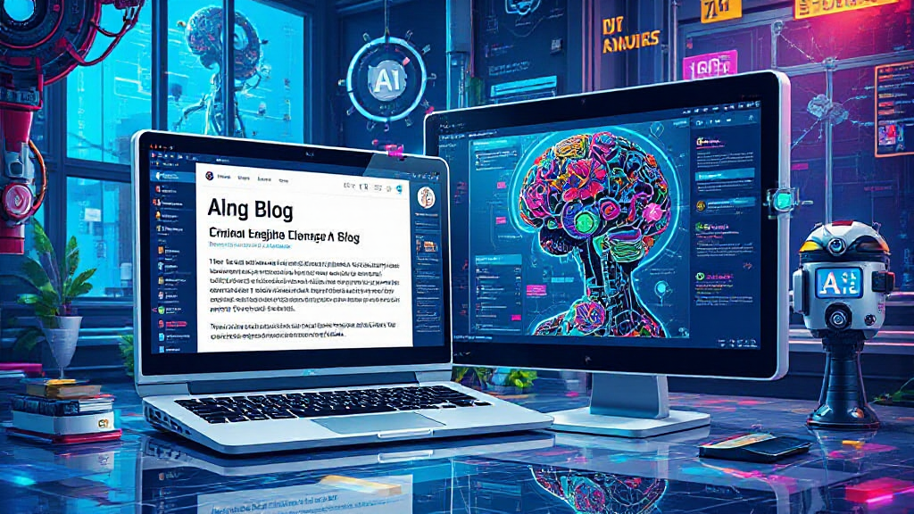 Two computer screens on a colorful desk; the left shows a blog, and the right displays a digital brain illustration. The room has tech-themed decorations.