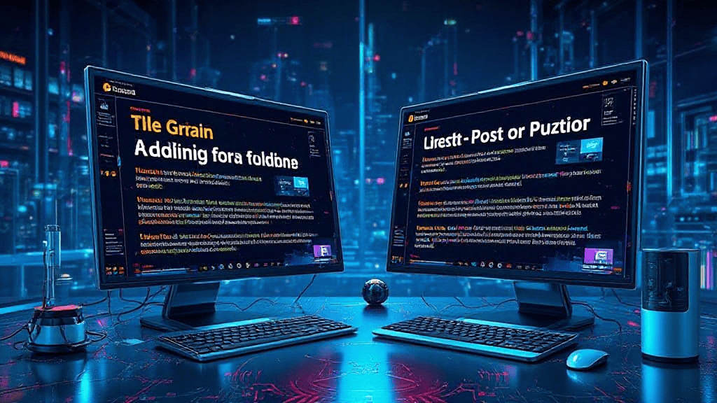 Two computer monitors displaying code in a futuristic setting. A keyboard, mouse, and various tech items sit on the desk. The background has glowing digital elements.