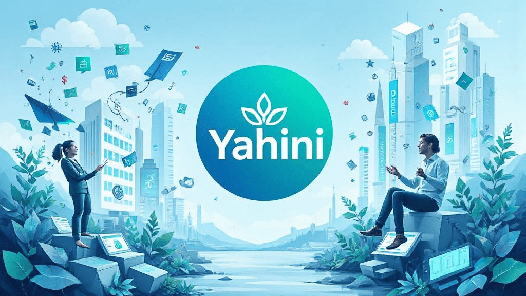 Two people interacting in a digital environment with floating icons, skyscrapers, and the "Yahini" logo in the center; a futuristic cityscape backdrop.