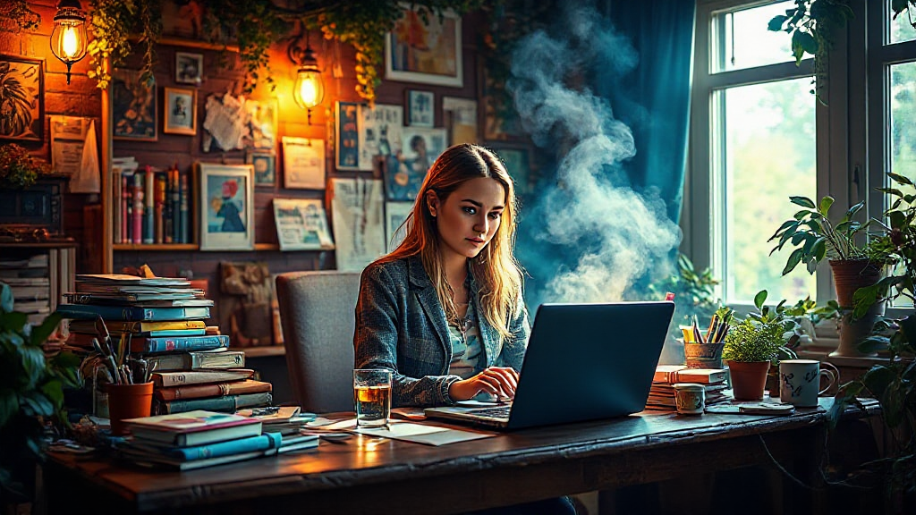 A woman works on a laptop at a cluttered desk with books and plants, in a cozy room with warm lighting.
