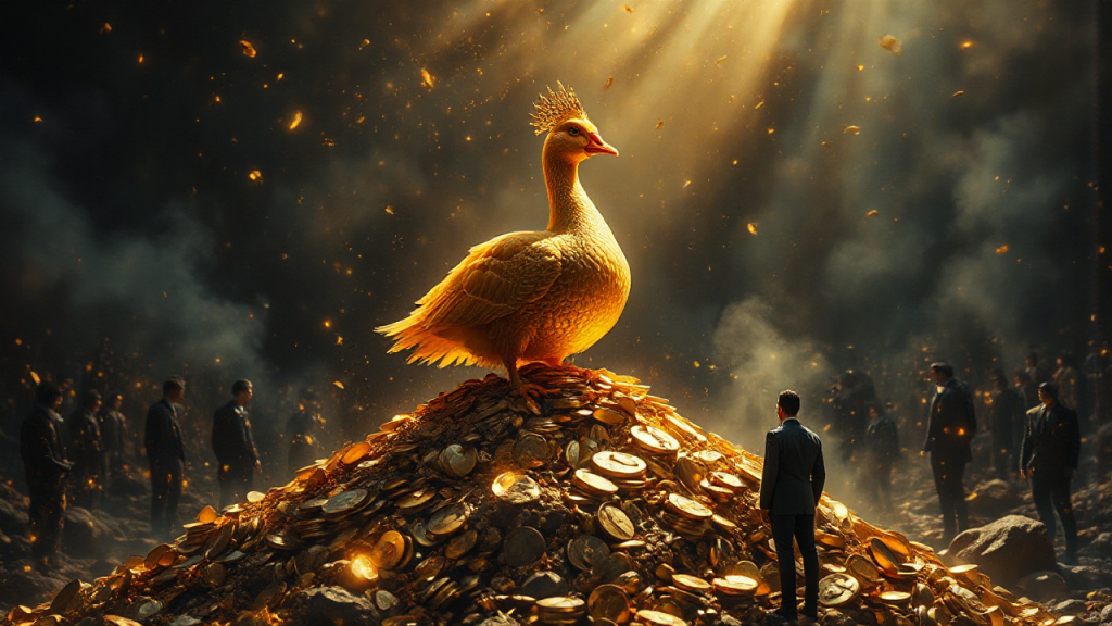 A large golden bird sits atop a pile of gold coins, surrounded by people in a dimly lit scene. Sunlight filters through the smoky atmosphere.