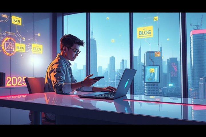 A person using a laptop and smartphone at a desk in a modern office with city view, surrounded by digital icons and the text "BLOG" and "2023" glowing on the windows.