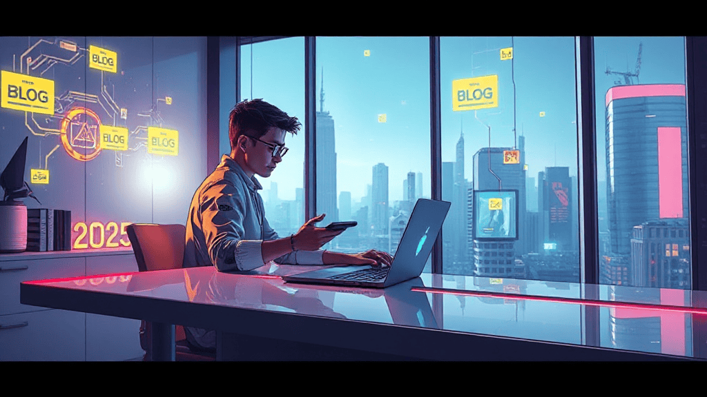 A person using a laptop and smartphone at a desk in a modern office with city view, surrounded by digital icons and the text "BLOG" and "2023" glowing on the windows.