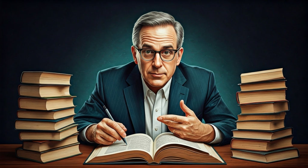 Man in glasses and suit sits at a table, surrounded by stacks of books, holding a pen and pointing at an open book.