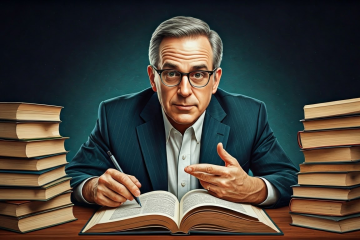 Man in glasses and suit sits at a table, surrounded by stacks of books, holding a pen and pointing at an open book.