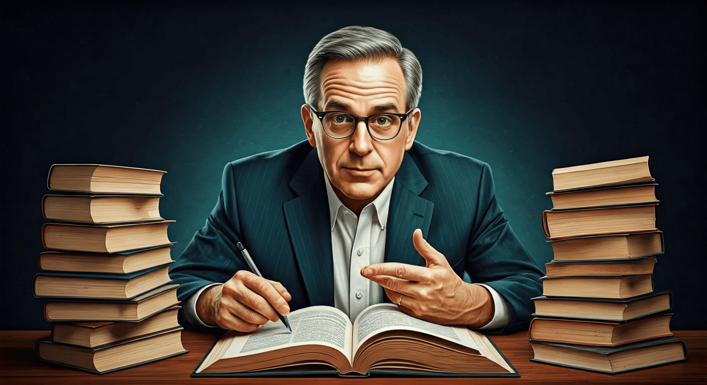 Man in glasses and suit sits at a table, surrounded by stacks of books, holding a pen and pointing at an open book.