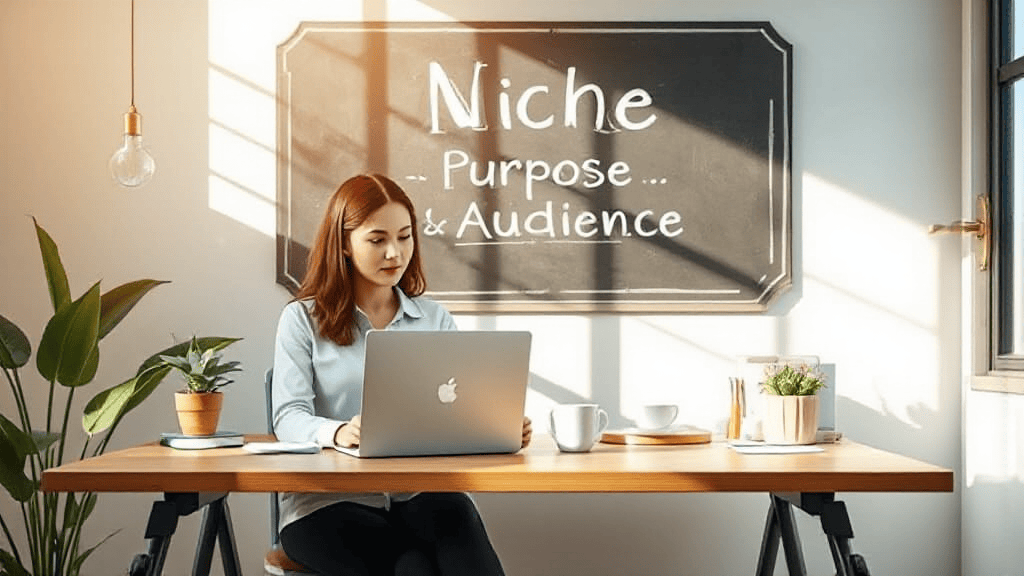 Woman working on a laptop at a wooden table with a chalkboard behind her displaying "Niche, Purpose & Audience.