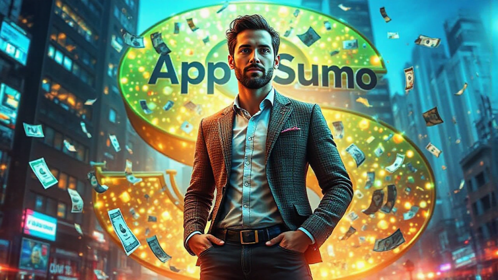 Man in a suit stands in front of a glowing "AppSumo" sign with falling money in an urban setting.