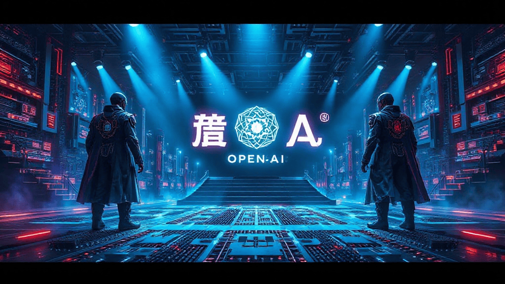 Futuristic sci-fi scene with two figures facing a glowing "OPEN AI" symbol in a neon-lit, circuit-covered environment.