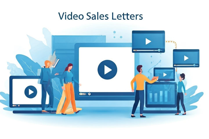 Illustration of people interacting with various digital screens displaying video play icons, under the text "Video Sales Letters.
