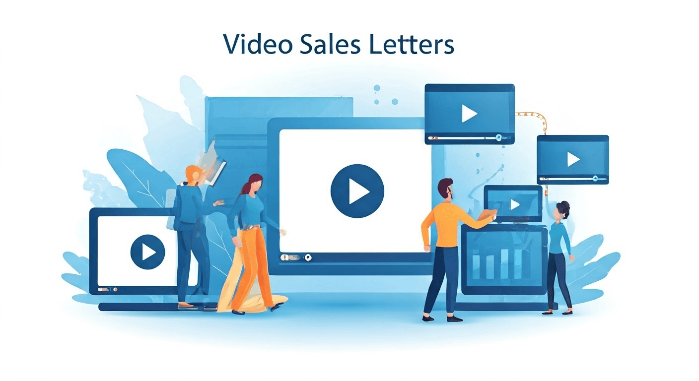 Illustration of people interacting with various digital screens displaying video play icons, under the text "Video Sales Letters.