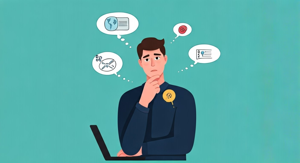 Illustration of a thoughtful person at a laptop, with thought bubbles showing a globe, cross mark, target, and DNA strand, symbolizing confusion or decision-making.