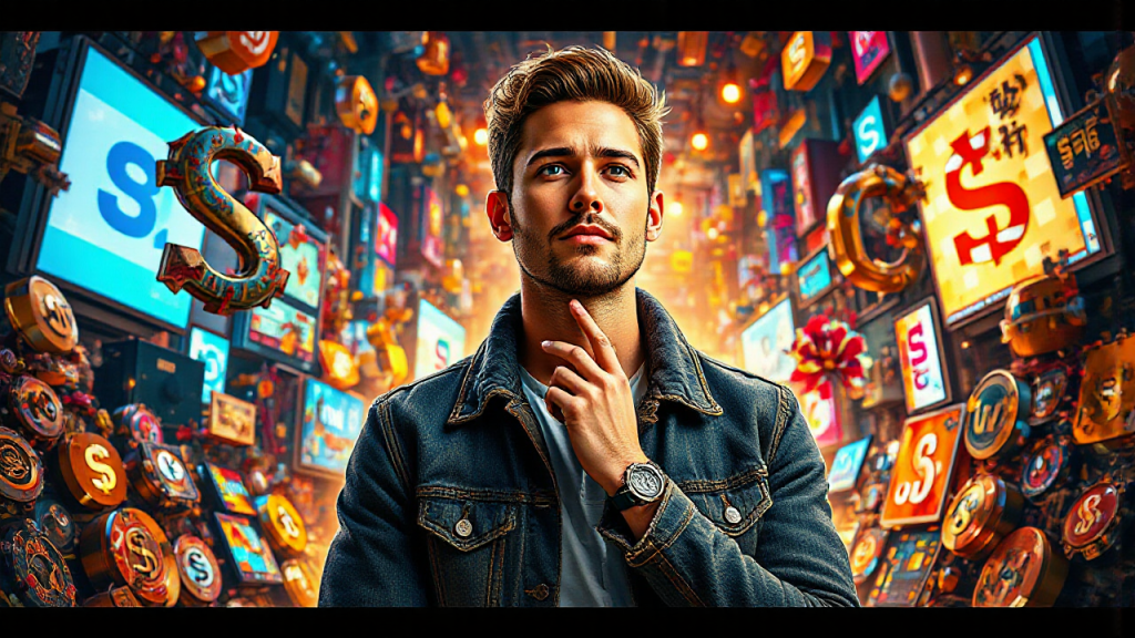 Man in denim jacket stands thoughtfully amidst numerous digital dollar signs and symbols in a colorful, busy environment.