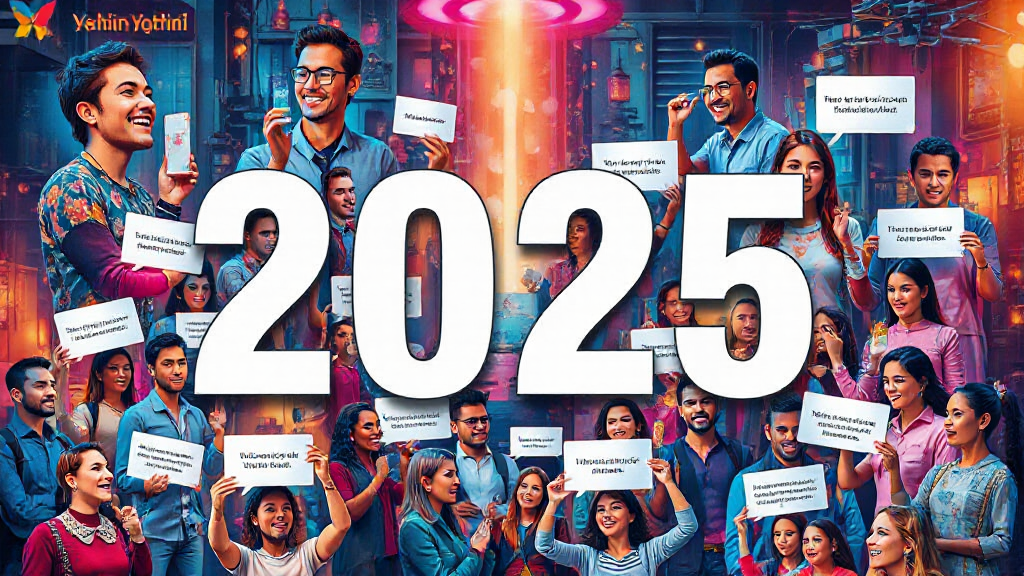 A large "2025" is centered surrounded by diverse excited people holding signs. Colorful background suggests a festive atmosphere.