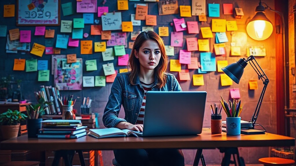A person sits at a desk with a laptop, surrounded by books and pens. The background features a wall covered in colorful sticky notes. A desk lamp illuminates the scene.