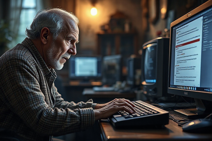 Elderly man typing on a computer keyboard in a dimly lit room with multiple monitors.