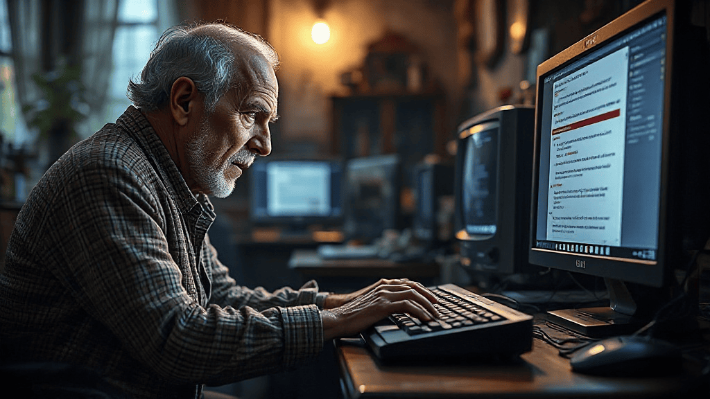 Elderly man typing on a computer keyboard in a dimly lit room with multiple monitors.