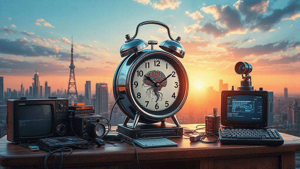 A large vintage alarm clock with a floral design sits on a desk surrounded by retro electronics, set against a city skyline at sunset.