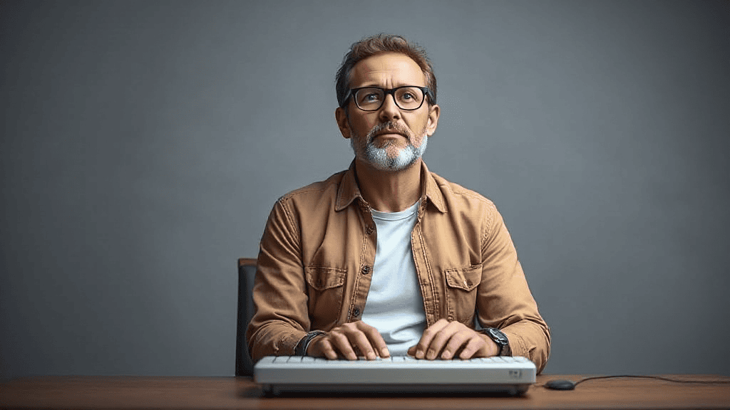 A man with glasses and a beard sits at a desk, typing on a keyboard, wearing a brown jacket and white shirt.