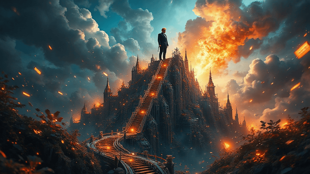 A person stands atop a grand staircase leading to a fiery, ornate castle amidst dramatic clouds and sparks in the sky.