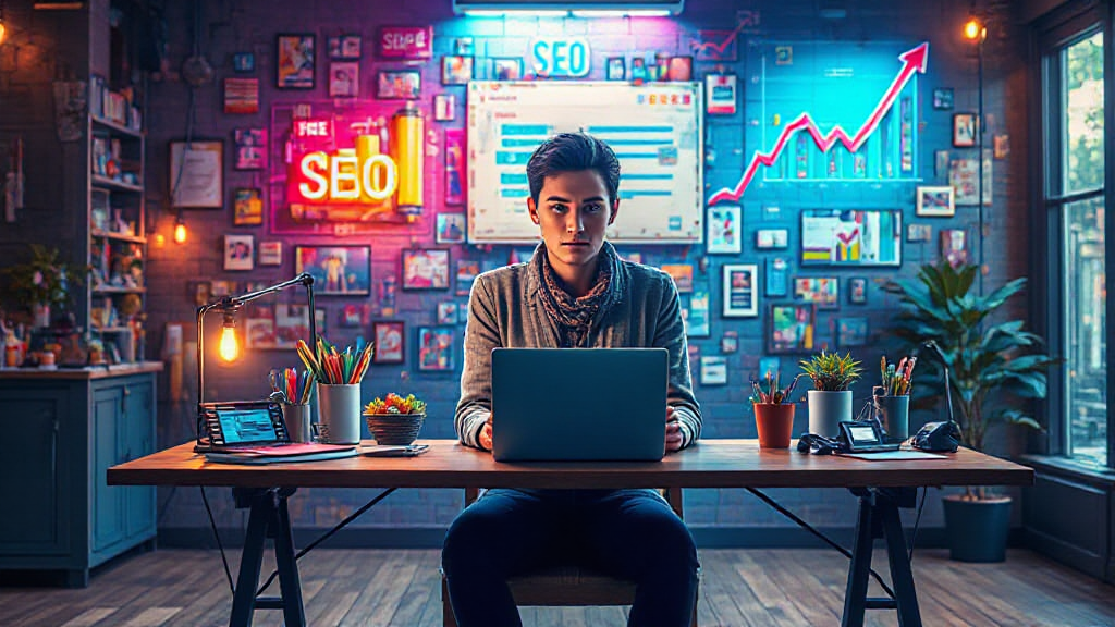 A person sits at a desk with a laptop in a decorated office. The walls display SEO-related items, graphs, and neon signs. Nearby are plants, notepads, and a tablet.