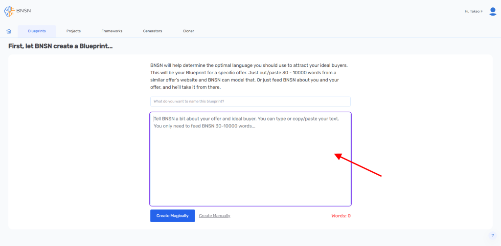 Screenshot of a webpage titled "First, let BNSN create a Blueprint" with text entry fields and a red arrow pointing to the text box. .