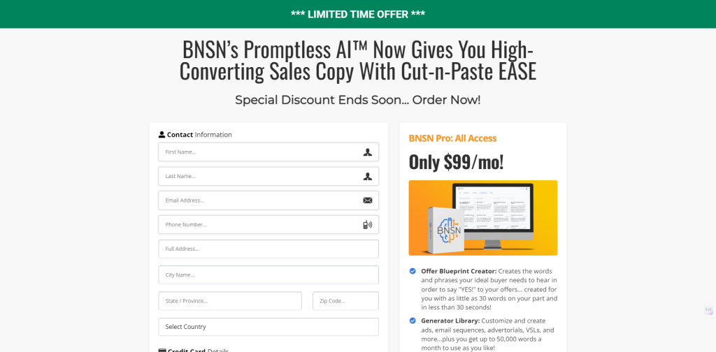 Screenshot of a promotional landing page offering "BNSN Pro" for $99/month. Features include Offer Blueprint Creator and Generator Library. A form is present for contact information.