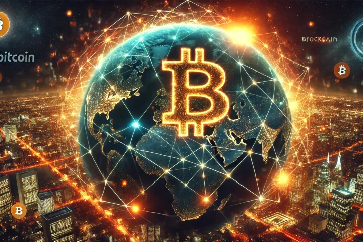 A glowing Bitcoin symbol is superimposed on a digitally connected Earth at night, surrounded by network lines and Bitcoin logos, with a cityscape below.
