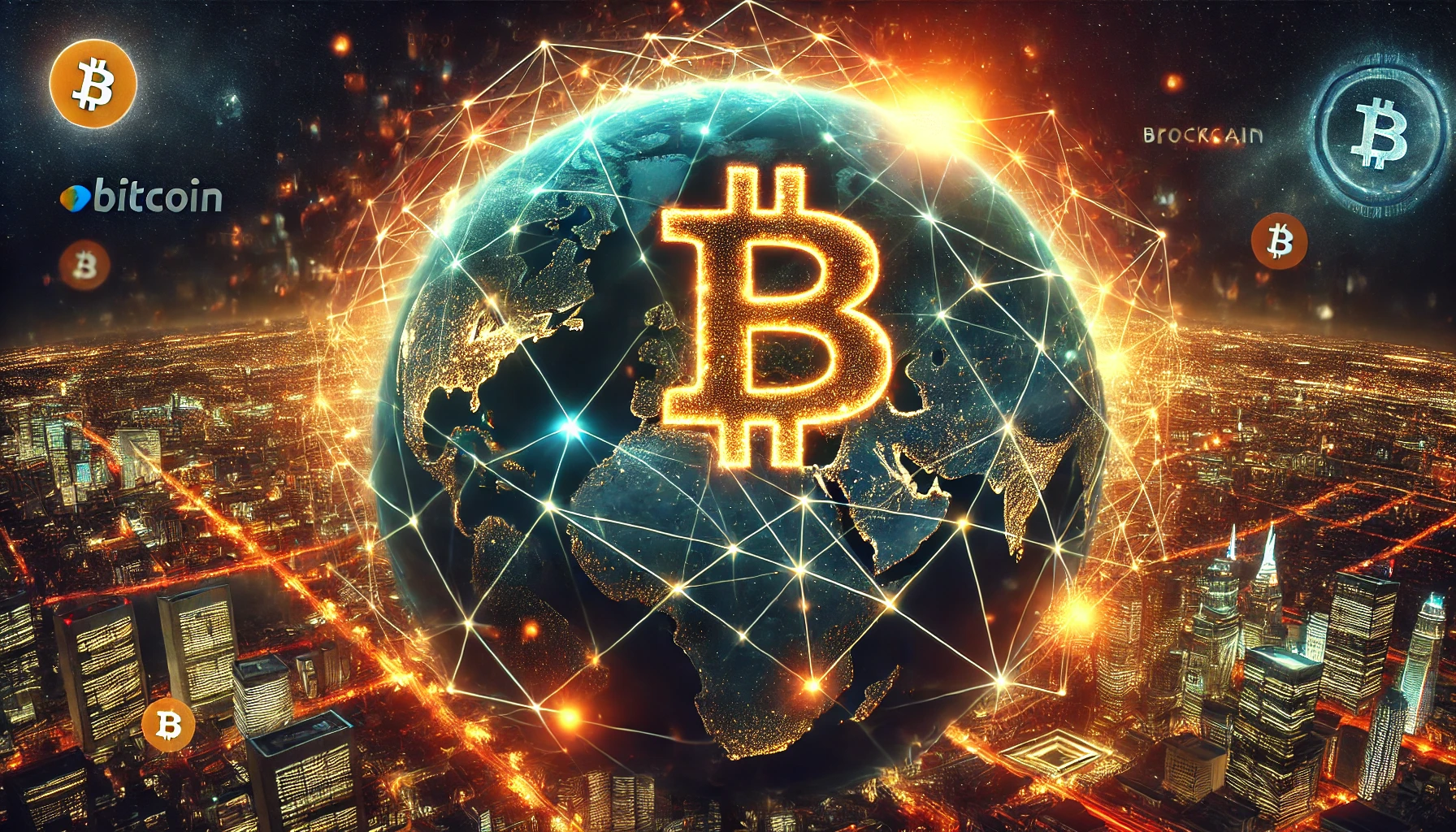 A glowing Bitcoin symbol is superimposed on a digitally connected Earth at night, surrounded by network lines and Bitcoin logos, with a cityscape below.