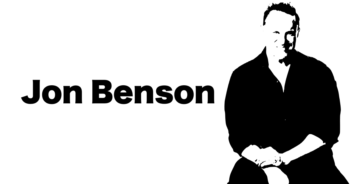 Silhouette of a person sitting with the text "Jon Benson" in bold font.