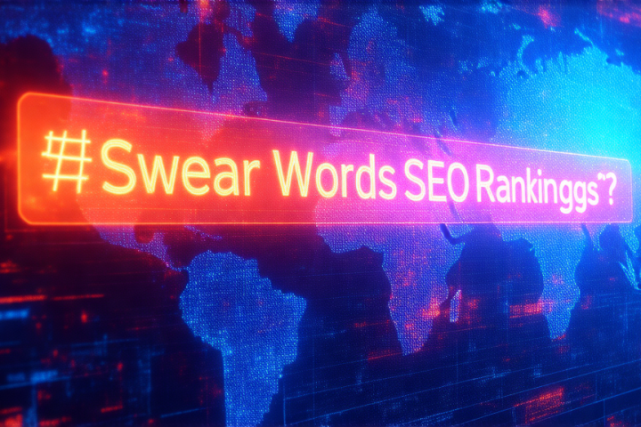 Glowing text on digital map background reads "# Swear Words SEO Rankings ?".