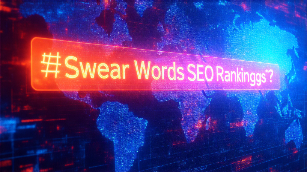 Glowing text on digital map background reads "# Swear Words SEO Rankings ?".