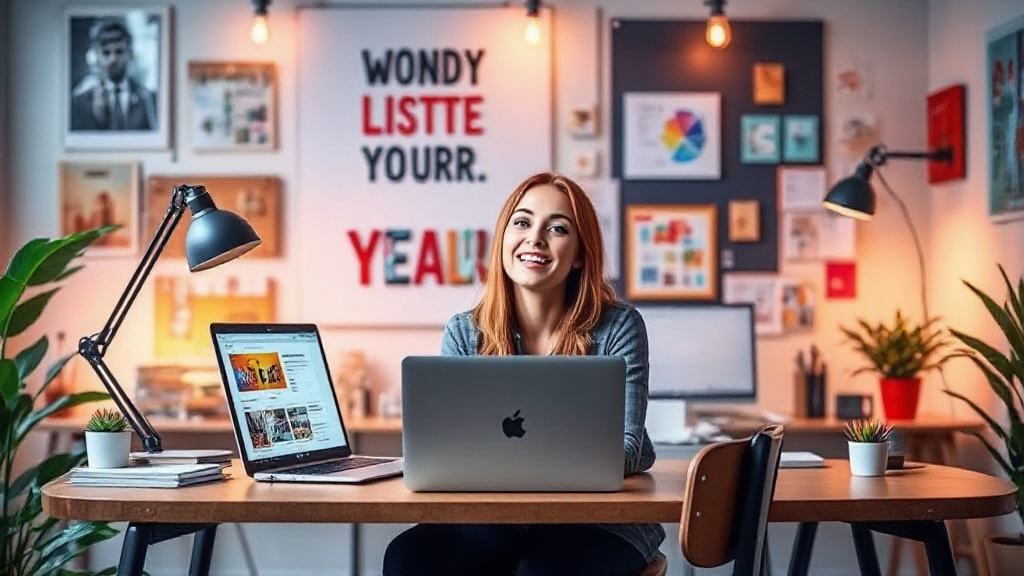 A person sits at a desk with two laptops and small plants, smiling. Behind them are colorful posters and art on the wall.