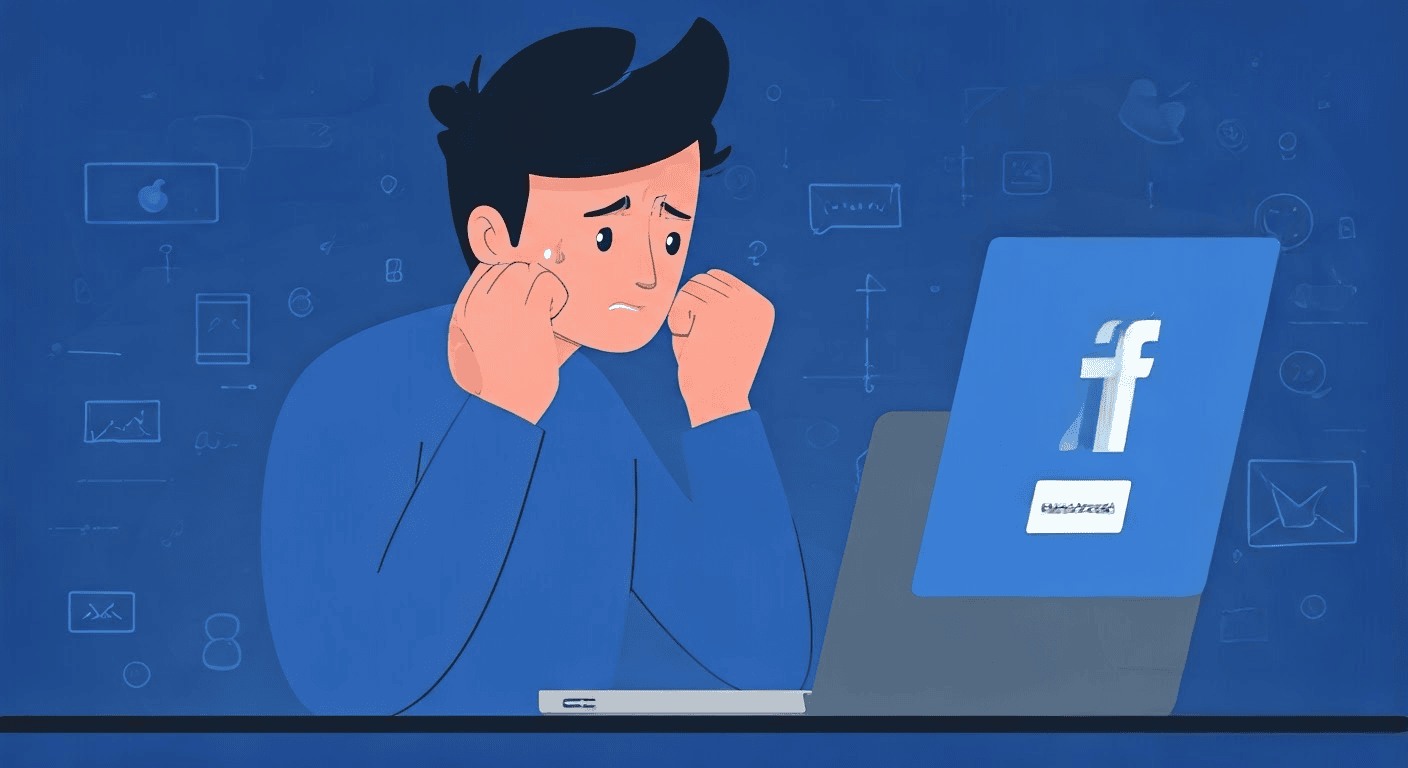 A worried person looks at a laptop displaying the Facebook logo, surrounded by icons of various social media platforms on a blue background.