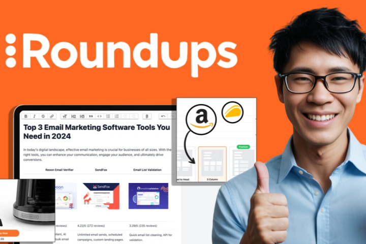 Person giving thumbs up next to a tablet showing email marketing software tools review. "Roundups" is prominently displayed above.