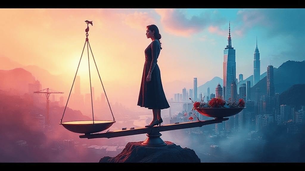 A woman stands on a balancing scale at sunset, with a city skyline in the background. One side holds flowers, the other a small bird.