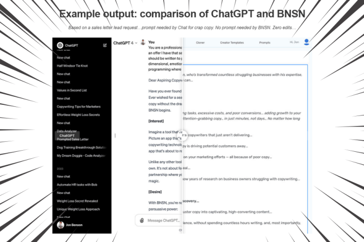 Split screen comparison of ChatGPT and BNSN interfaces, showing different text outputs. ChatGPT panel on left with a black theme; BNSN on right with white background and blue highlights.
