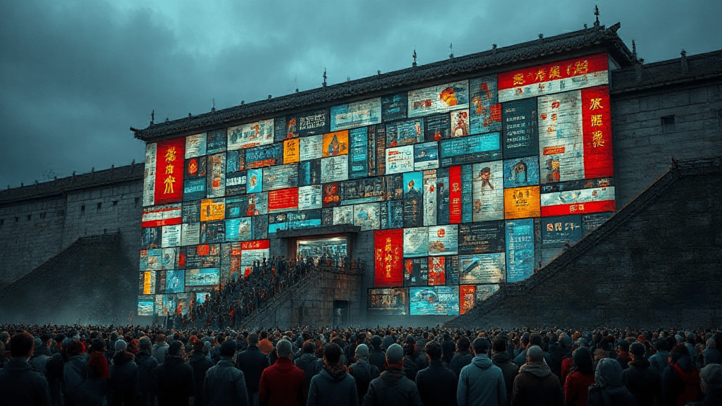 A large crowd gathers in front of an ancient-looking wall, covered in numerous colorful digital billboards and advertisements.