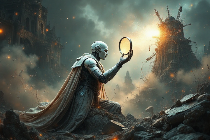 A robot kneels on rubble, holding a round mirror, with ruins and glowing debris in the background, under a moody sky.