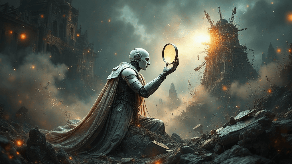 A robot kneels on rubble, holding a round mirror, with ruins and glowing debris in the background, under a moody sky.