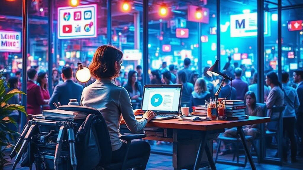 A person sits at a desk with a laptop displaying a social media logo. They are in a busy, neon-lit room filled with people and digital screens showing various app icons.