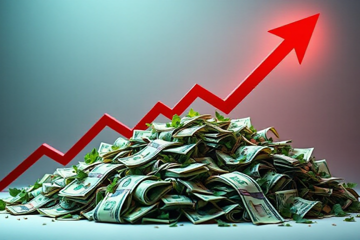 A red upward arrow is shown above a large pile of dollar bills, suggesting financial growth or profit increase.