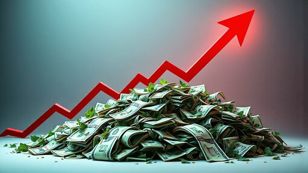 A red upward arrow is shown above a large pile of dollar bills, suggesting financial growth or profit increase.