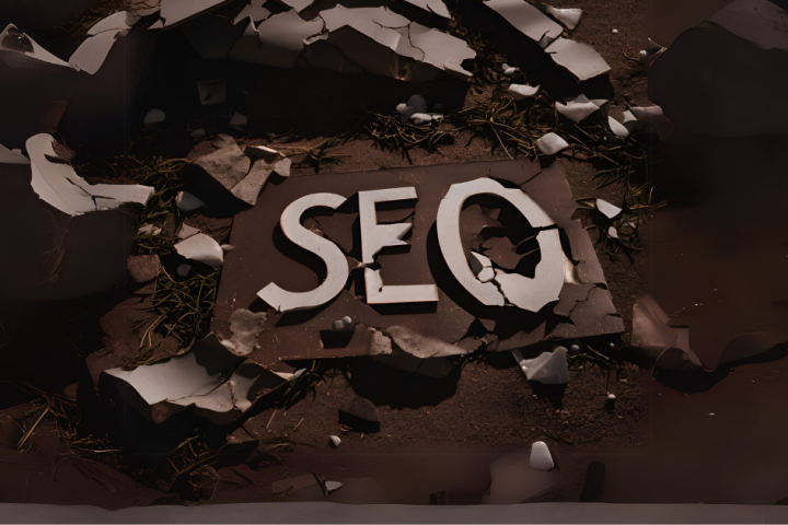 SEO letters on a cracked sign, surrounded by broken debris and scattered grass.
