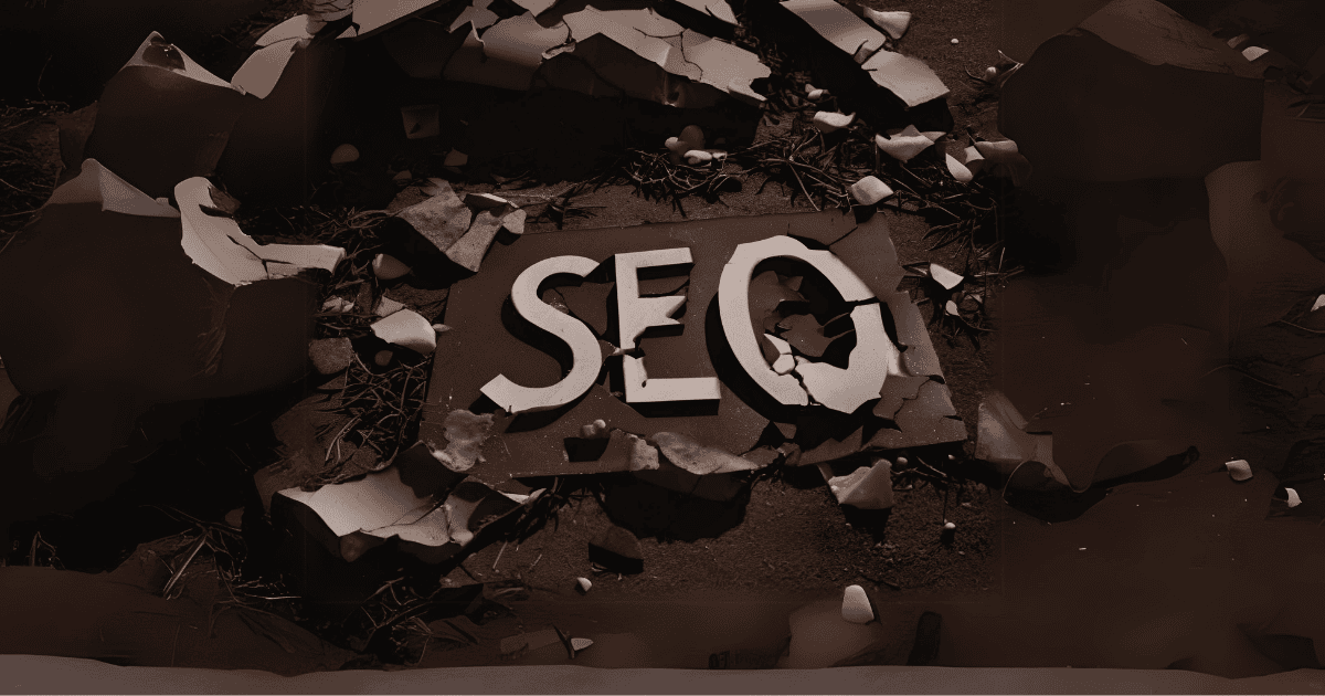 SEO letters on a cracked sign, surrounded by broken debris and scattered grass.